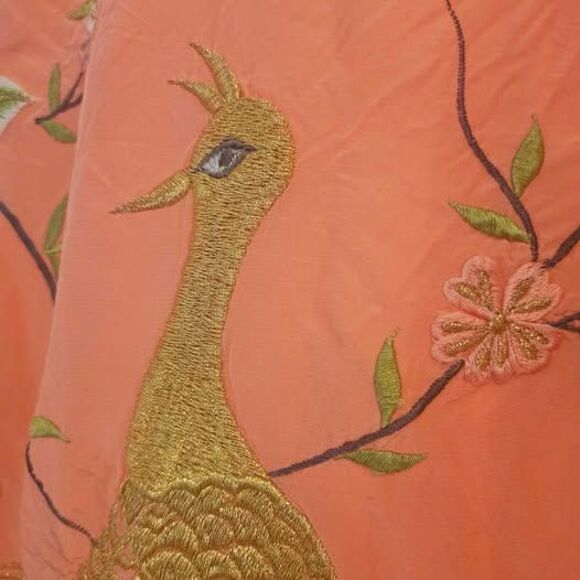 Vintage Peach Silk Kimono Robe with Peacock & Floral Embroidery - Picture 5 of 6
